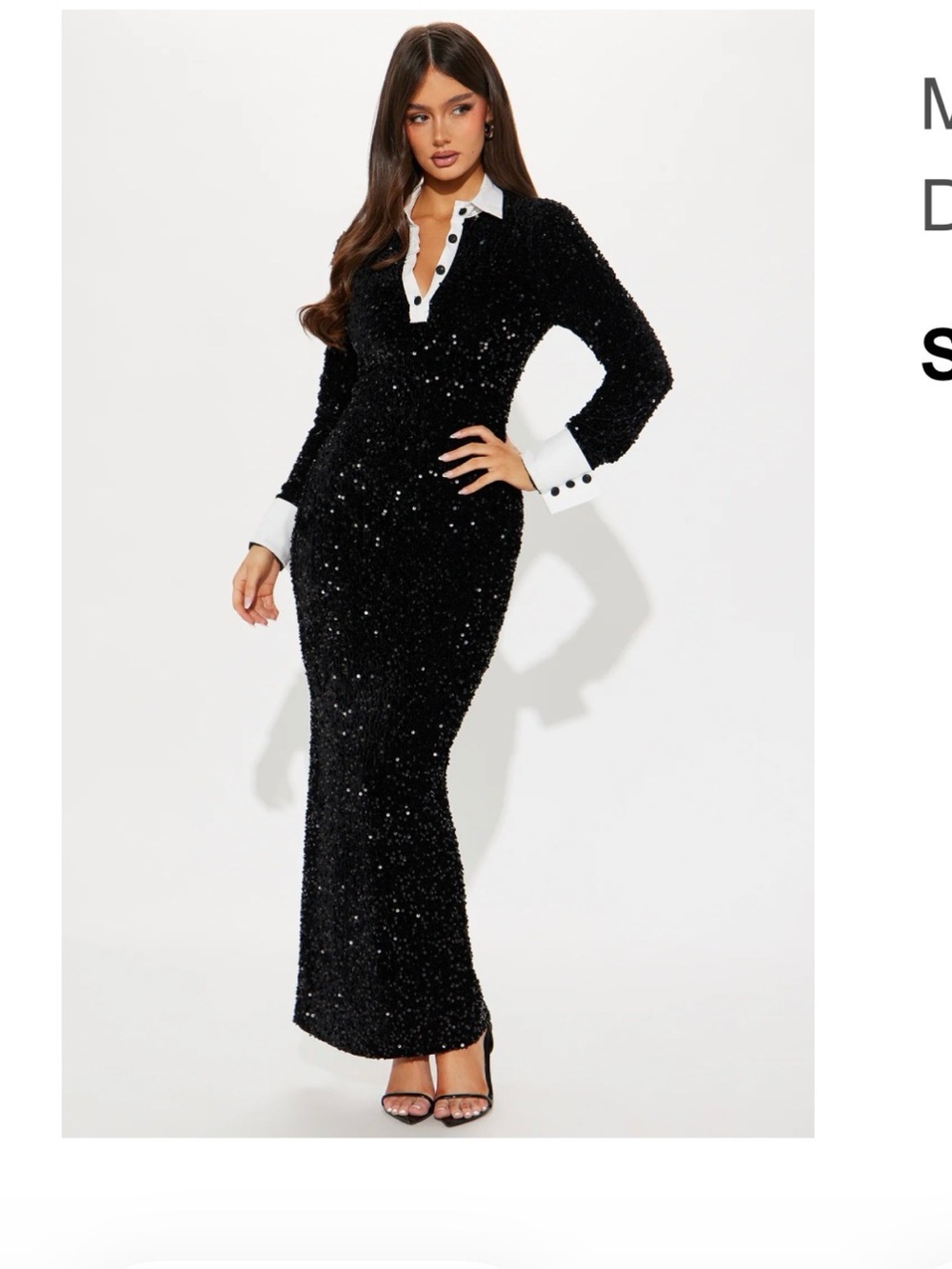 Fashion Nova Black Sequin Maxi Dress with White Collar & Cuffs